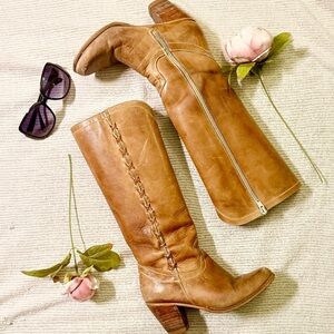 Nobils Cognac Leather Tall Boots • Size 5 • Made in Brazil • Braided Back Detail
